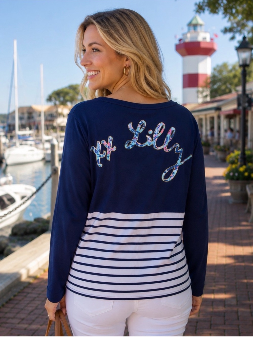 Lilly Pulitzer Finn Top Navy White Striped Lobster Graphic Long Sleeve Shirt XL